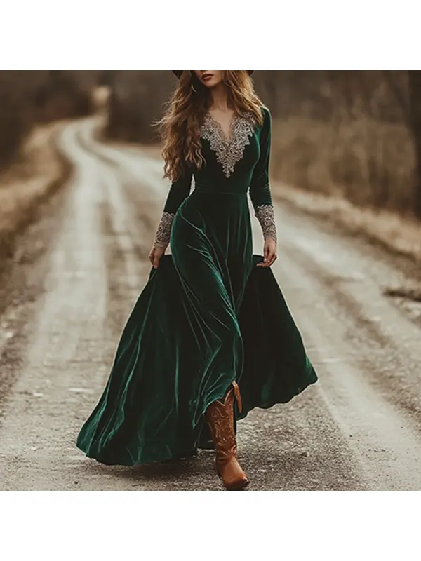 Women's Western Cowboy Emerald Green Chest Strap Lace Bohemian Style Velvet Dress - Realyiyi.com 