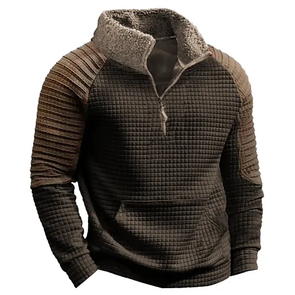 Men's Vintage Waffle Lamb Fleece Collar Patchwork 1/4 Zipper Sweatshirt - Cotosen.com