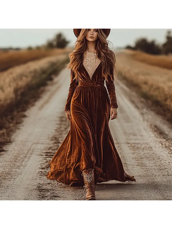 Women's Western Cowboy Brown Deep V-neck Lace Velvet Dress - Realyiyishop.com 