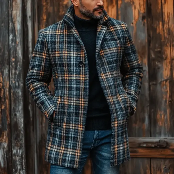 Men's Vintage Outdoor Plaid Dark Night Blue Woolen Coat - Menzfolk.com 