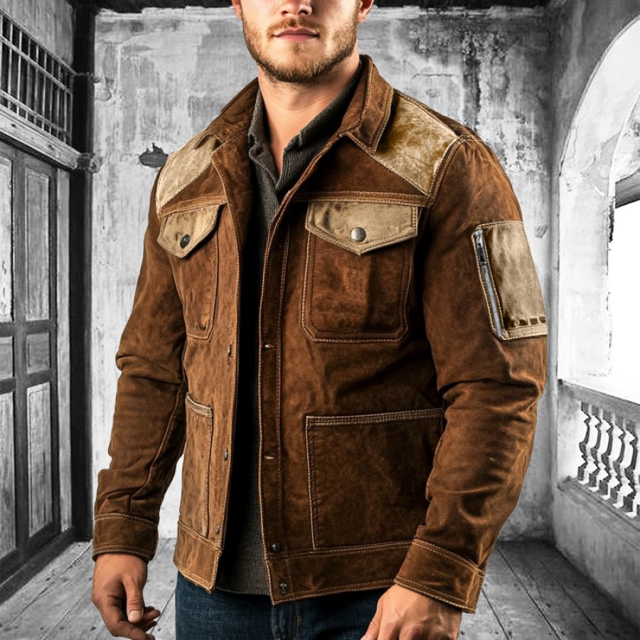 

Men's Vintage Suede Multi-Pocket Patchwork Color Block Outdoor Motorcycle Jacket