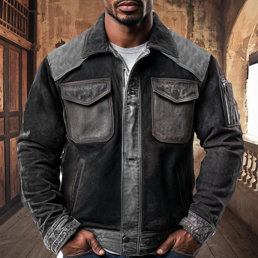 

Men's Vintage Multi-Pocket Patchwork Color Block Cargo Jacket Outwear