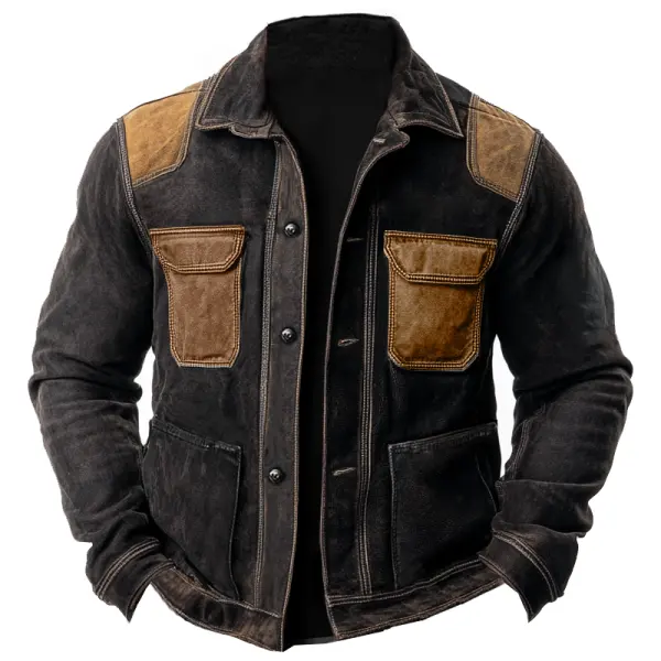 Men's Vintage Pocket Patchwork Color Block Cargo Jacket Outwear - Menzfolk.com 