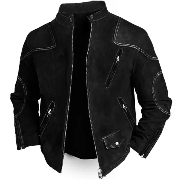 Men's Vintage Suede Zipper Pocket Patchwork Outdoor Motorcycle Jacket - Rabclub.com 