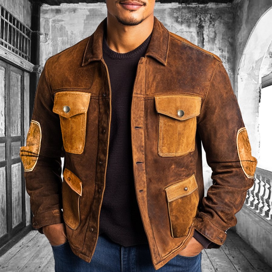 

Men's Vintage Suede Multi-Pocket Patchwork Color Block Cargo Jacket Outwear