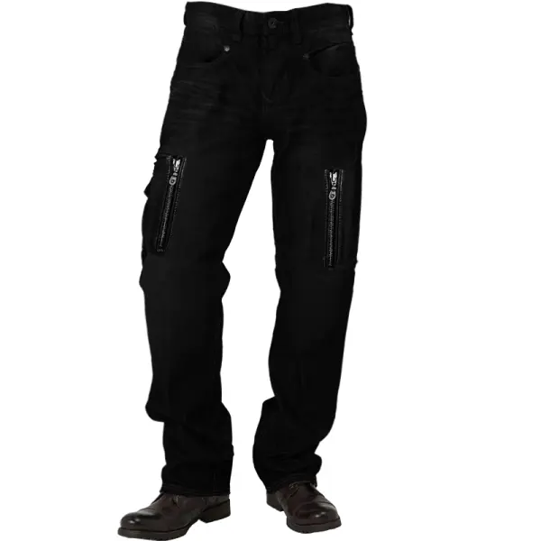 Men's Vintage Motorcycle Zipper Pocket Distressed Cargo Pants Outwear - Wayrates.com 