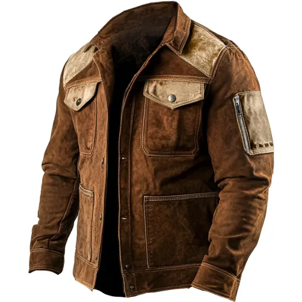 Men's Vintage Suede Multi-Pocket Patchwork Color Block Outdoor Motorcycle Jacket - Manlyhost.com 