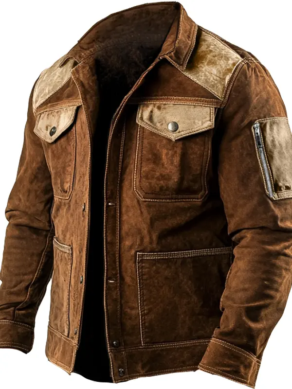 Men's Vintage Suede Multi-Pocket Patchwork Color Block Outdoor Motorcycle Jacket - Menwyx.com 