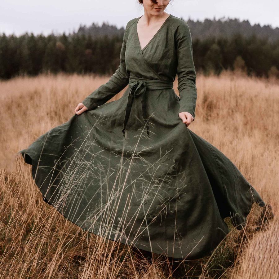 

Women's Vintage Linen V-neck Pastoral Long Sleeve Army Green Wrap Dress