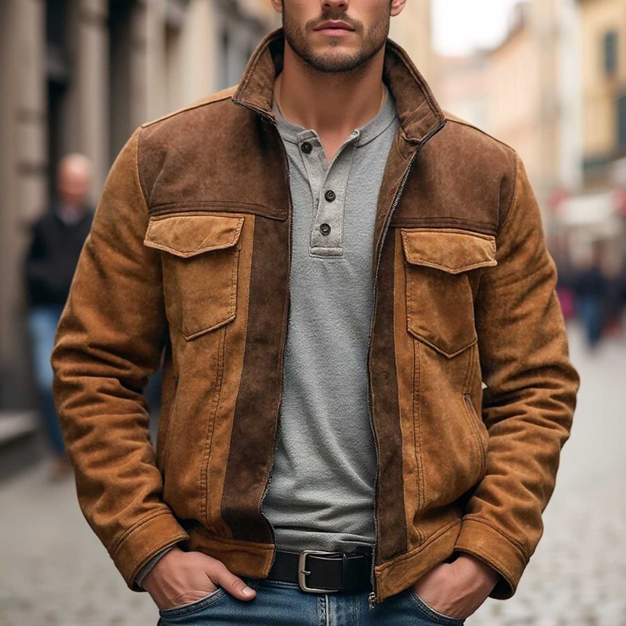 

Men's Vintage Suede Multi-Pocket Stand Collar Outdoor Motorcycle Jacket