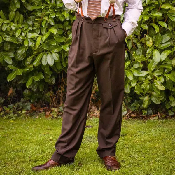 Men's 1940s Vintage Harry Fishtail Back Trousers Brown Pants - Cotosen.com 