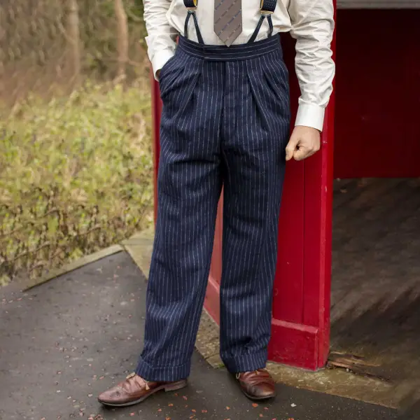 Men's 1940s Vintage Vertical Stripes Deliverance Demob Pants Navy Fishtail Trousers - Dozenlive.com 