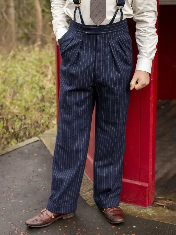 Men's 1940s Vintage Vertical Stripes Deliverance Demob Pants Navy Fishtail Trousers - Menwyx.com 