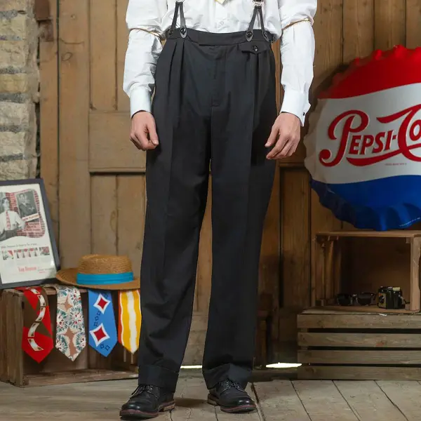 Men's 1940s Vintage Harry Fishtail Back Trousers Black Pants - Dozenlive.com 