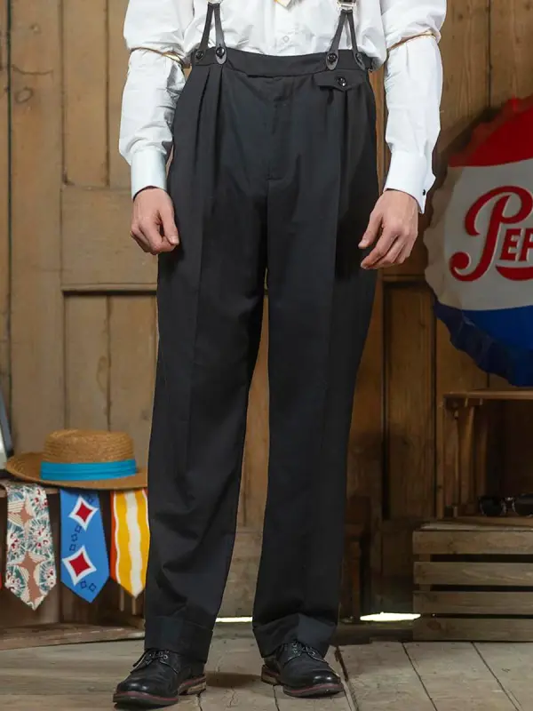 Men's 1940s Vintage Harry Fishtail Back Trousers Black Pants - Menwyx.com 