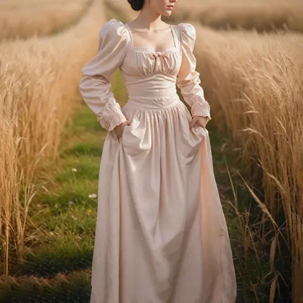 Women's Vintage Elegant Square Neck Pastoral Style Puff Sleeve Long Sleeve Light Pink Dress - Wayrates.com 