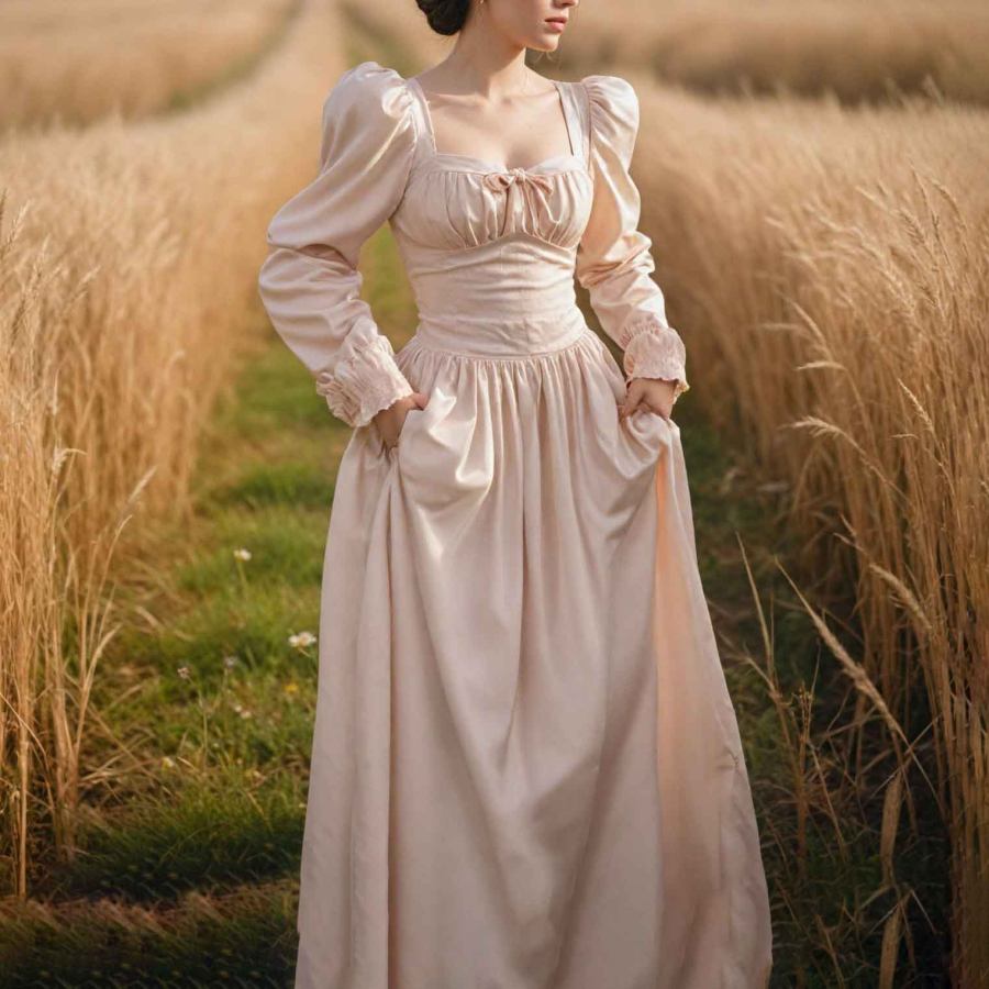 

Women's Vintage Elegant Square Neck Pastoral Style Puff Sleeve Long Sleeve Light Pink Dress