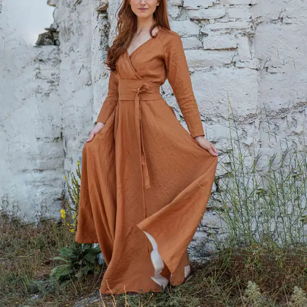 Women's Vintage Linen V-neck Pastoral Long Sleeve Orange Wrap Dress - Wayrates.com 