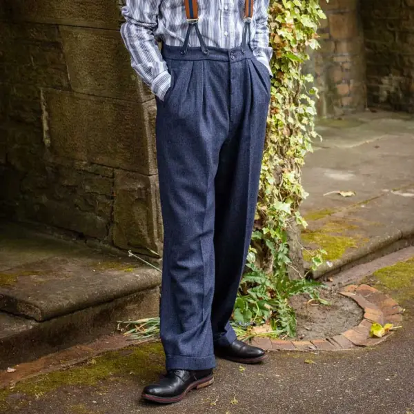 Men's 1940s Vintage Granville Herringbone Fishtail Trousers In Navy Blue Pants - Menzfolk.com 