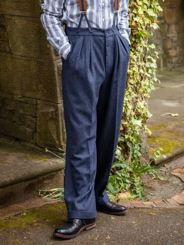 Men's 1940s Vintage Granville Herringbone Fishtail Trousers In Navy Blue Pants - Menwyx.com 