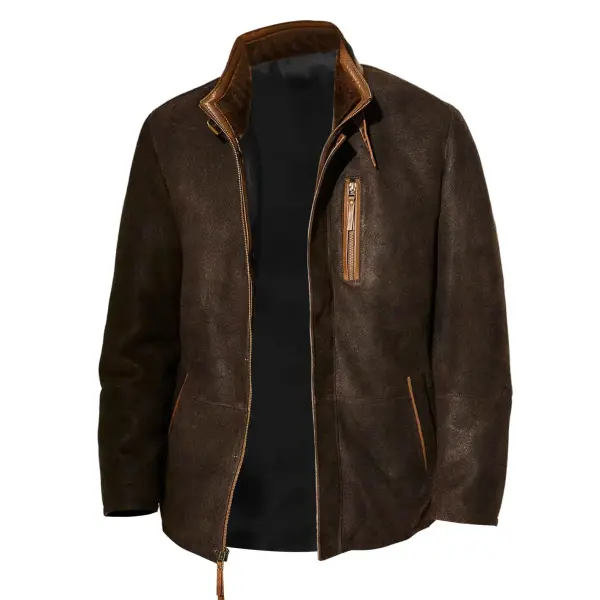 Men's Vintage Suede Paneled Leather Zipper Pocket Shearling Stand Collar Outdoor Coat Jacket - Manlyhost.com 