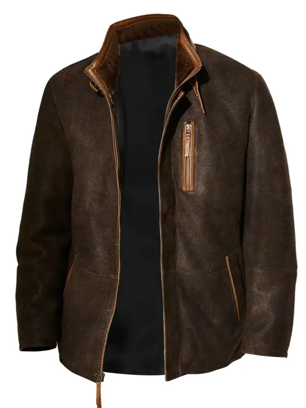 Men's Vintage Suede Paneled Leather Zipper Pocket Shearling Stand Collar Outdoor Coat Jacket - Menwyx.com 