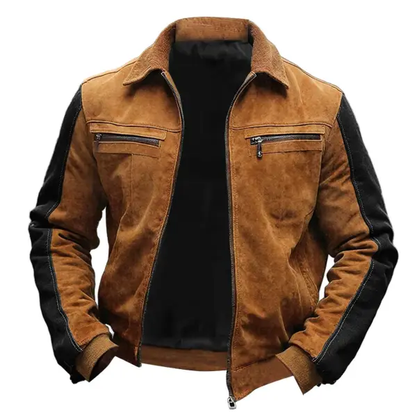 Men's Vintage Suede Multi-Pocket Fur Lapel Outdoor Motorcycle Jacket - Rabclub.com 