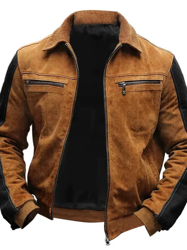 Men's Vintage Suede Multi-Pocket Fur Lapel Outdoor Motorcycle Jacket - Menwyx.com 