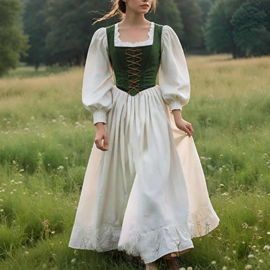 

Women's Vintage Linen Bohemian Lace-up Pastoral Long Sleeve Beige Maxi Dress