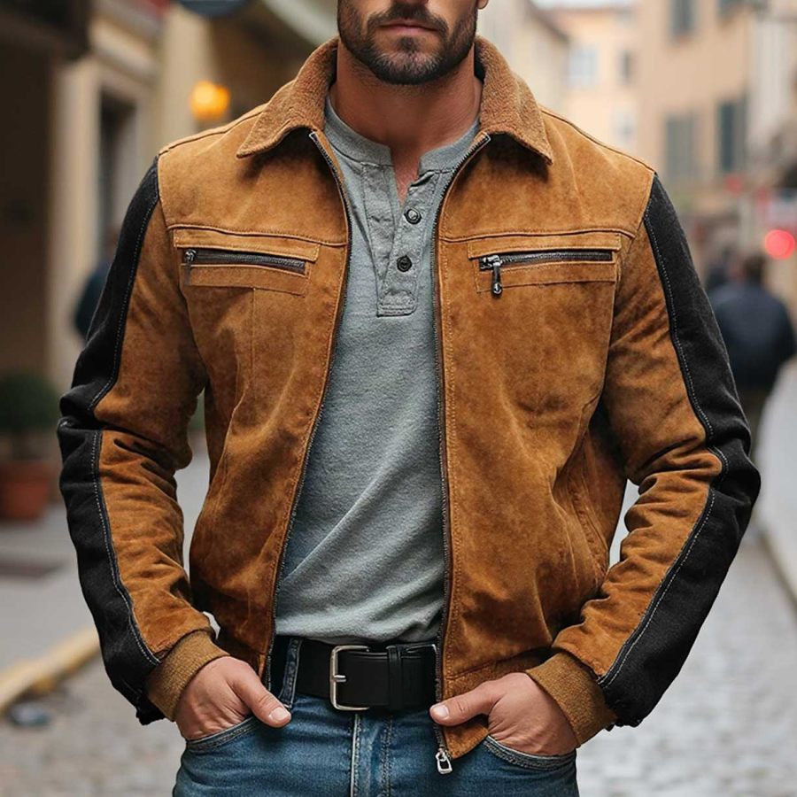 

Men's Vintage Suede Multi-Pocket Fur Lapel Outdoor Motorcycle Jacket