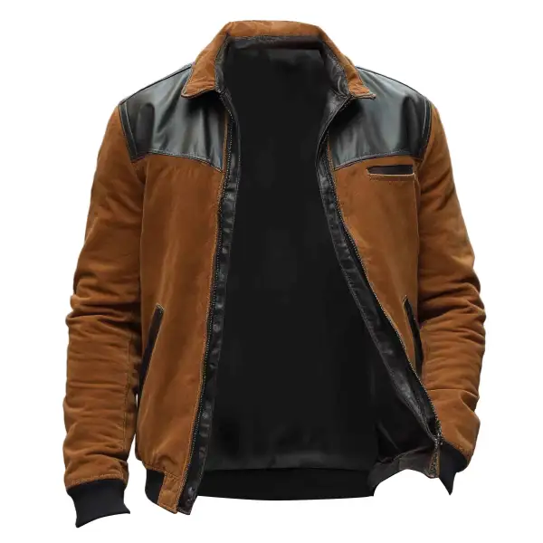 Men's Vintage Suede Paneled Leather Multi-Pocket Lapel Outdoor Motorcycle Jacket - Dozenlive.com 