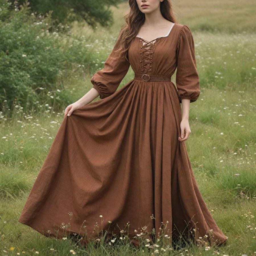 

Women's Vintage Linen Lace Lace-up Pastoral Long Sleeve Brown Dress