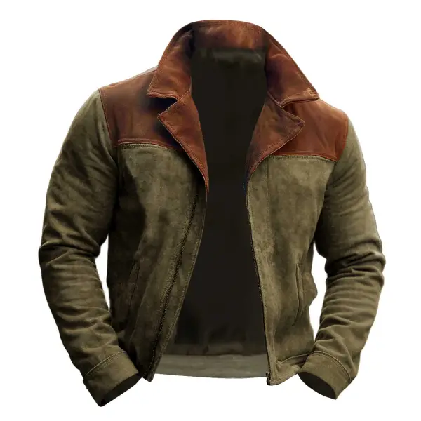 Men's Vintage Suede Color Block Pocket Lapel Collar Outdoor Motorcycle Jacket - Anurvogel.com 