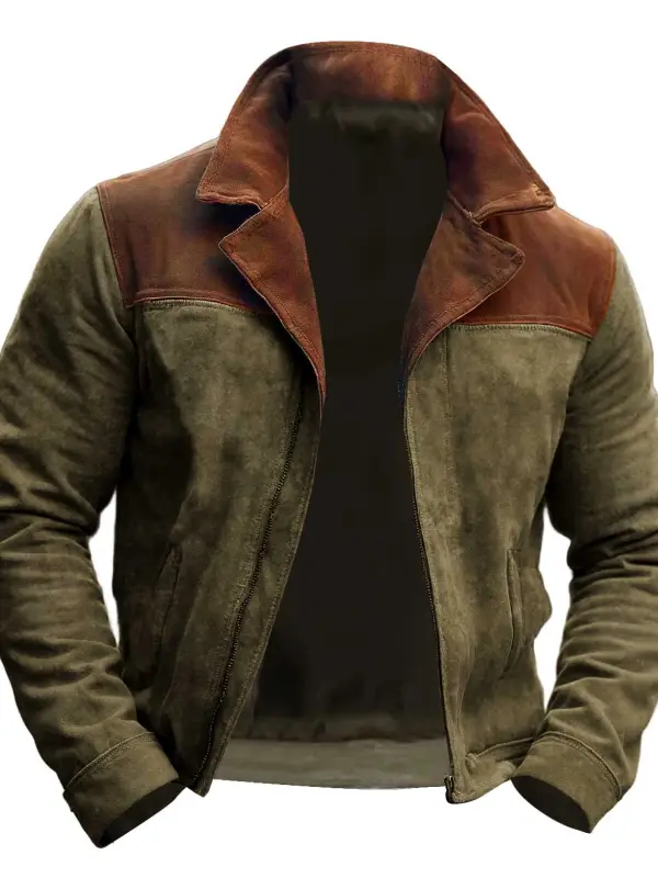 Men's Vintage Suede Color Block Pocket Lapel Collar Outdoor Motorcycle Jacket - Menwyx.com 