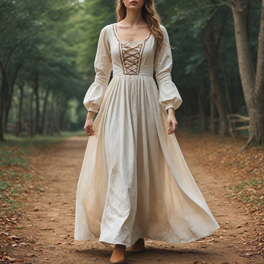 

Women's Vintage Linen Bohemian Lace-up Pastoral Long Sleeve Apricot Maxi Dress