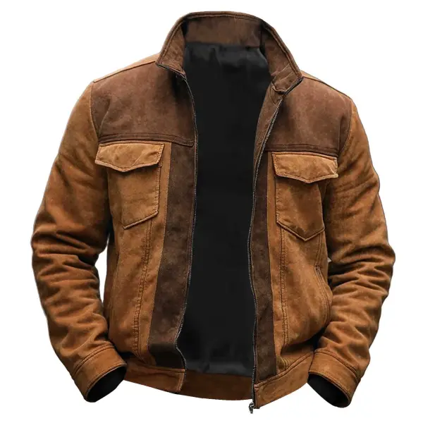 Men's Vintage Suede Multi-Pocket Stand Collar Outdoor Motorcycle Jacket - Nicheten.com 