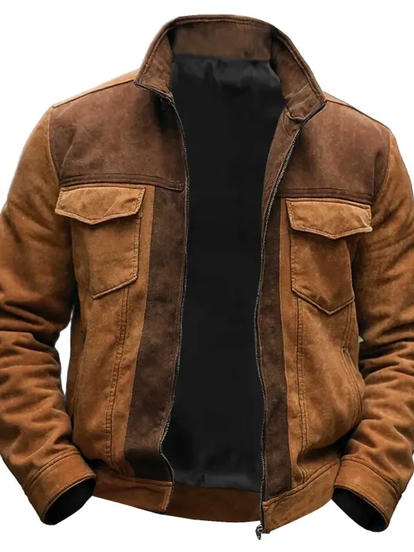 Men's Vintage Suede Multi-Pocket Stand Collar Outdoor Motorcycle Jacket - Menwyx.com 