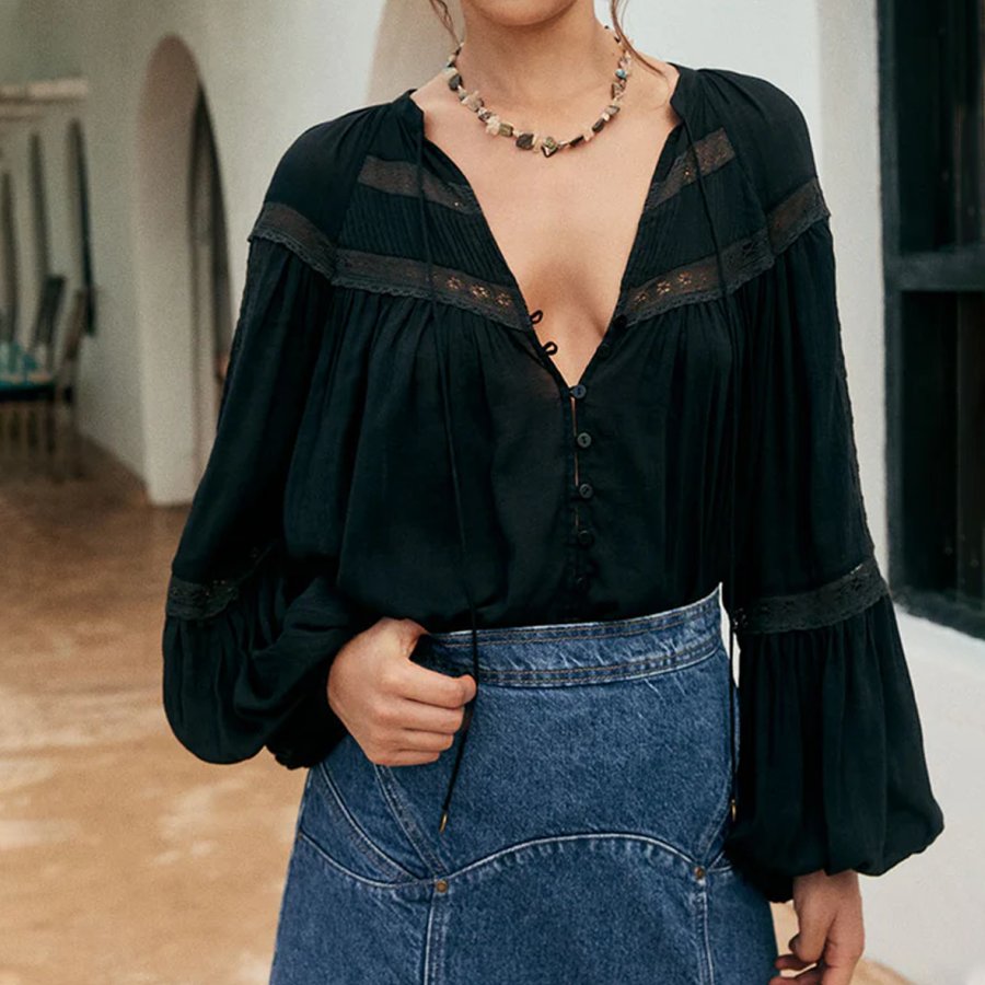 

Ladies Vintage Black V Neck Rustic Boho Lace Blouse