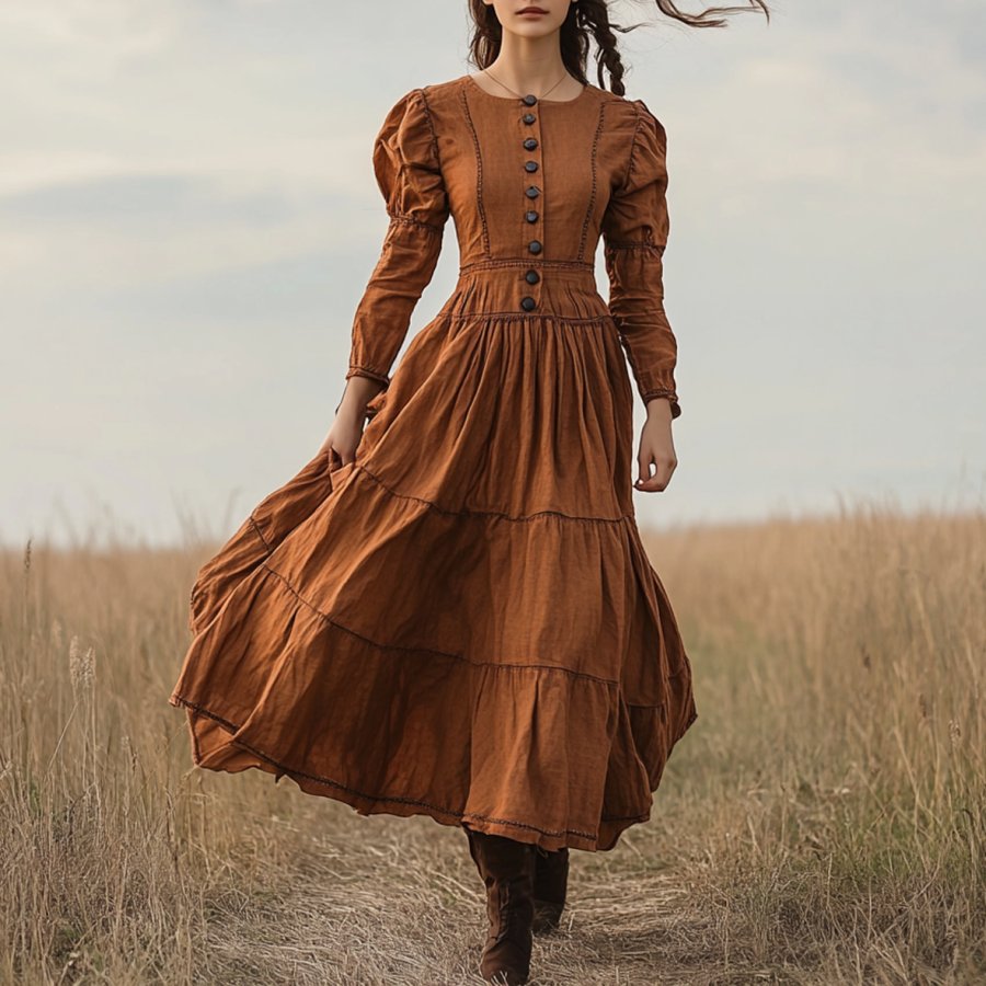 

Ladies Vintage Puffed Sleeve Western Style Cotton And Linen Rustic Boho Dress