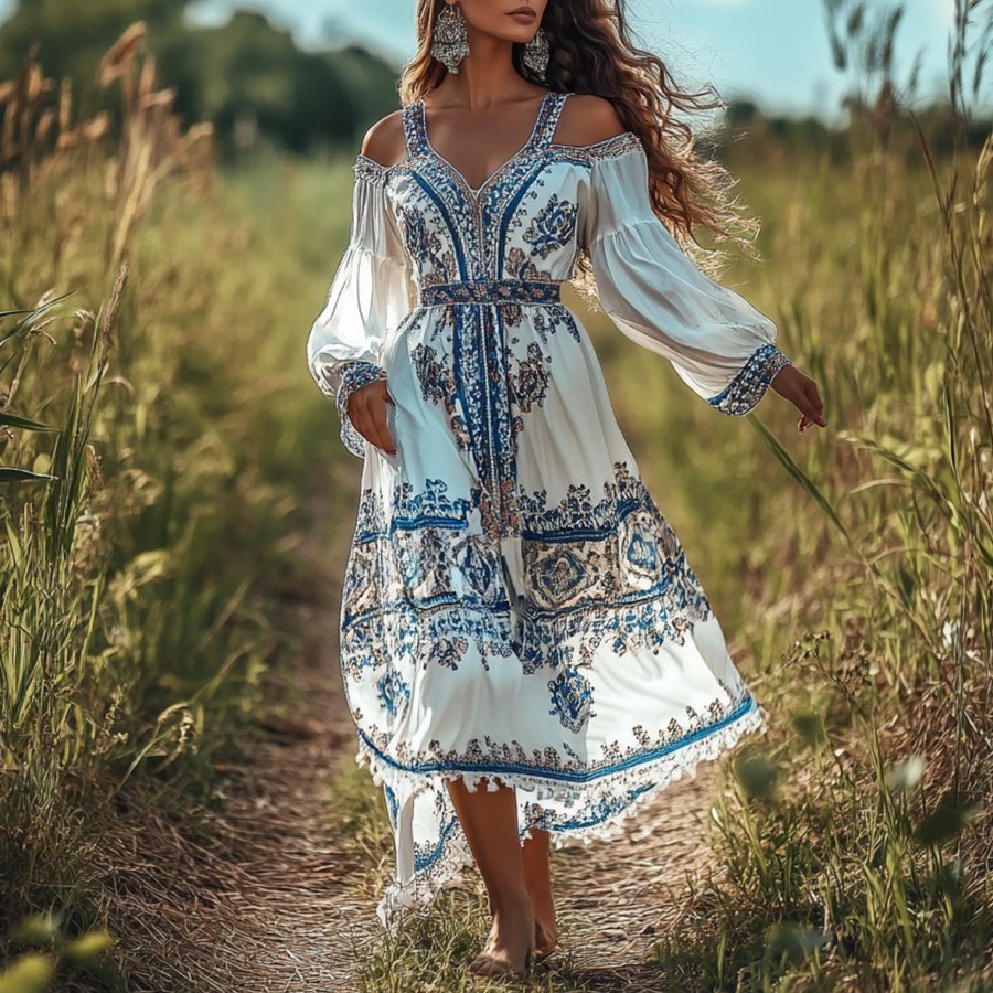 

Ladies Vintage Ethnic Print Halter Lace White Rustic Boho Dress