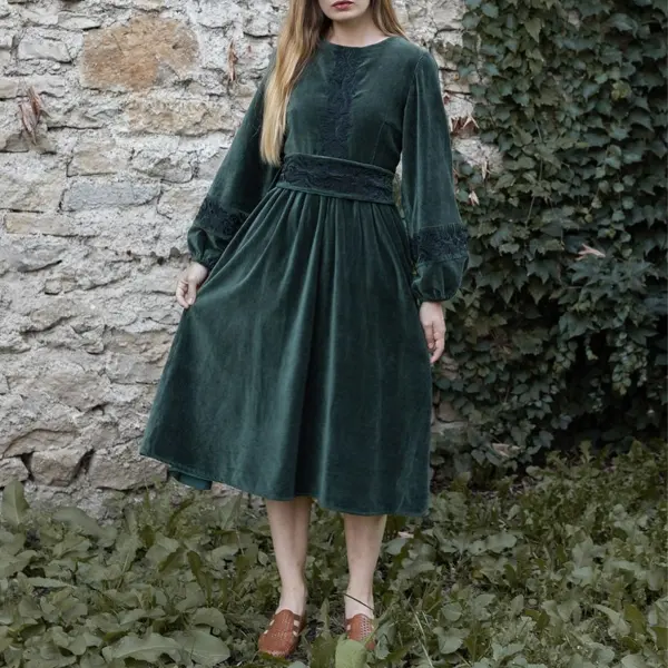 Ladies Vintage Rustic Boho Ivy Green Velvet Dress - Wayrates.com 