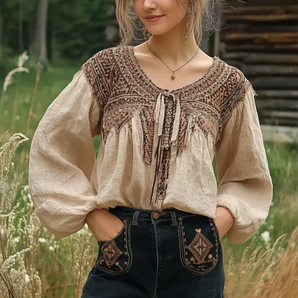 Ladies Vintage Ethnic Print Western Style Cotton And Linen Rustic Boho Blouse - Wayrates.com 