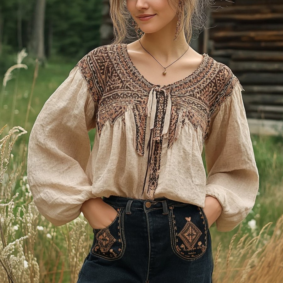 

Ladies Vintage Ethnic Print Western Style Cotton And Linen Rustic Boho Blouse