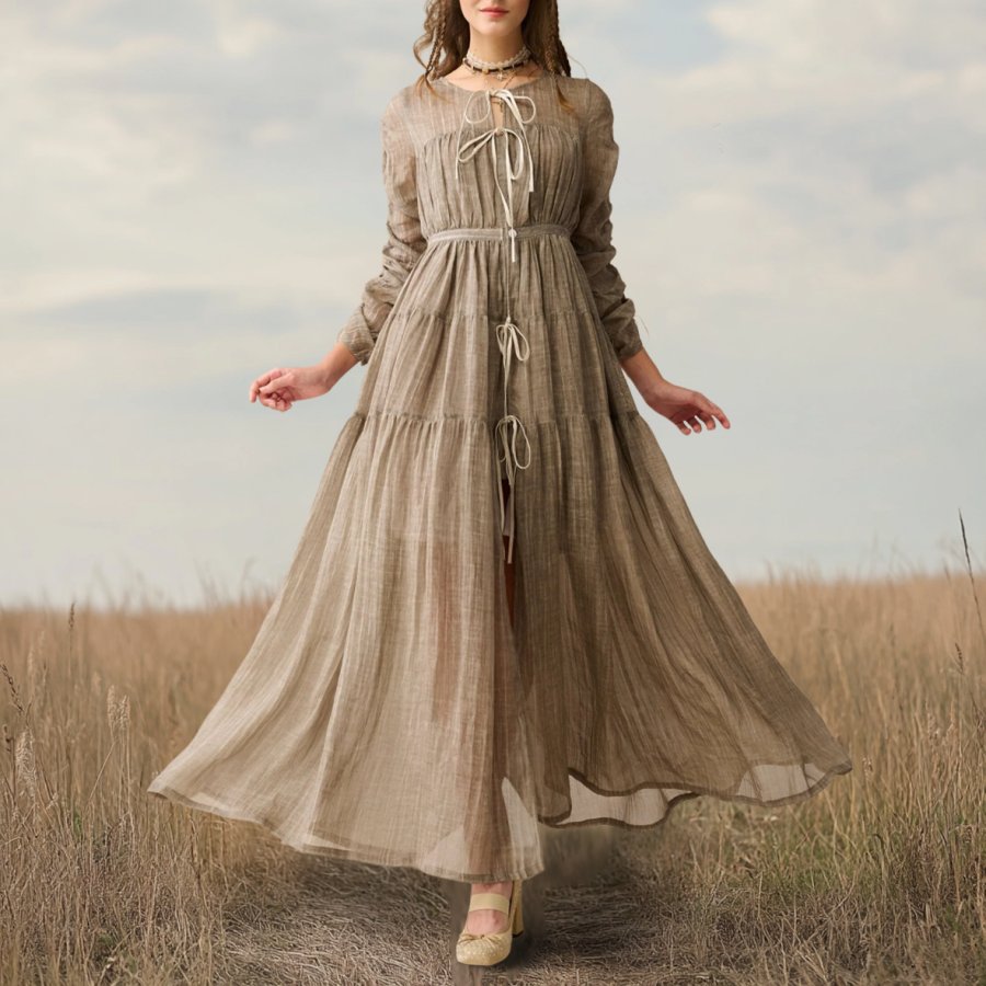 

Ladies Vintage Khaki Taupe Western Style Cotton And Linen Rustic Boho Dress