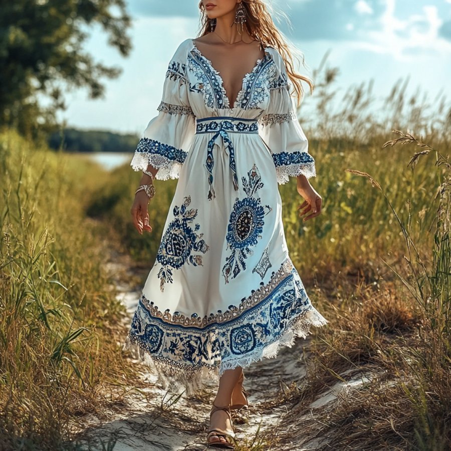 

Ladies Vintage Ethnic Print Lace White Rustic Boho Dress