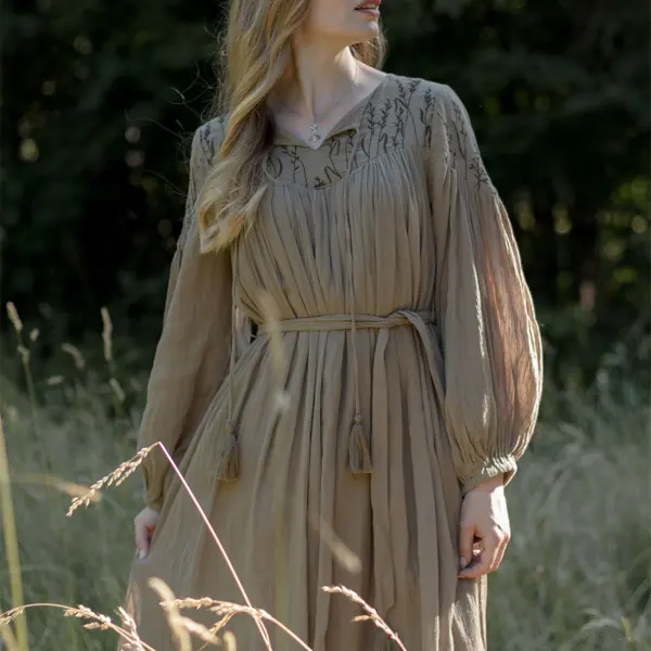 Ladies Vintage Embroidered Western Style Cotton And Linen Light Khaki Rustic Boho Dress - Wayrates.com 