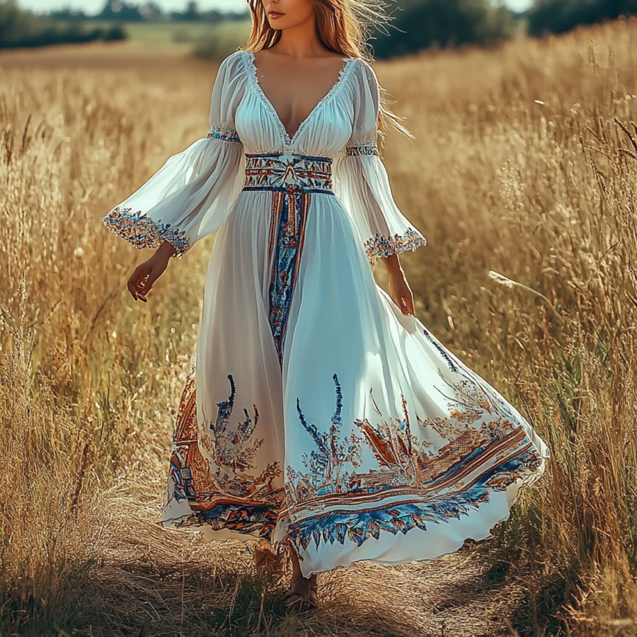 

Ladies Vintage Ethnic Print Halter Lace White Rustic Boho Dress