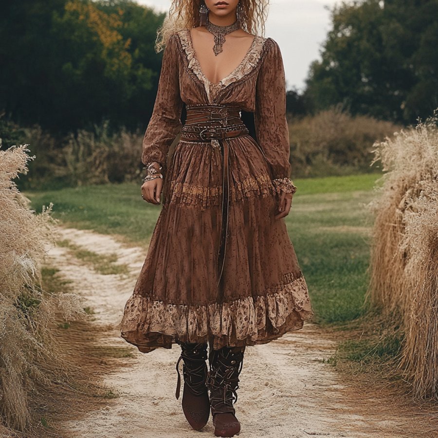 

Ladies Vintage Floral Print Brown Lace Western Style Rustic Boho Dress