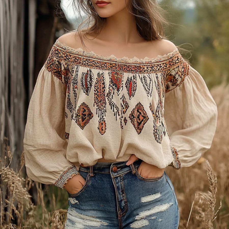 

Ladies Vintage Ethnic Print Western Style Cotton And Linen Rustic Boho Blouse