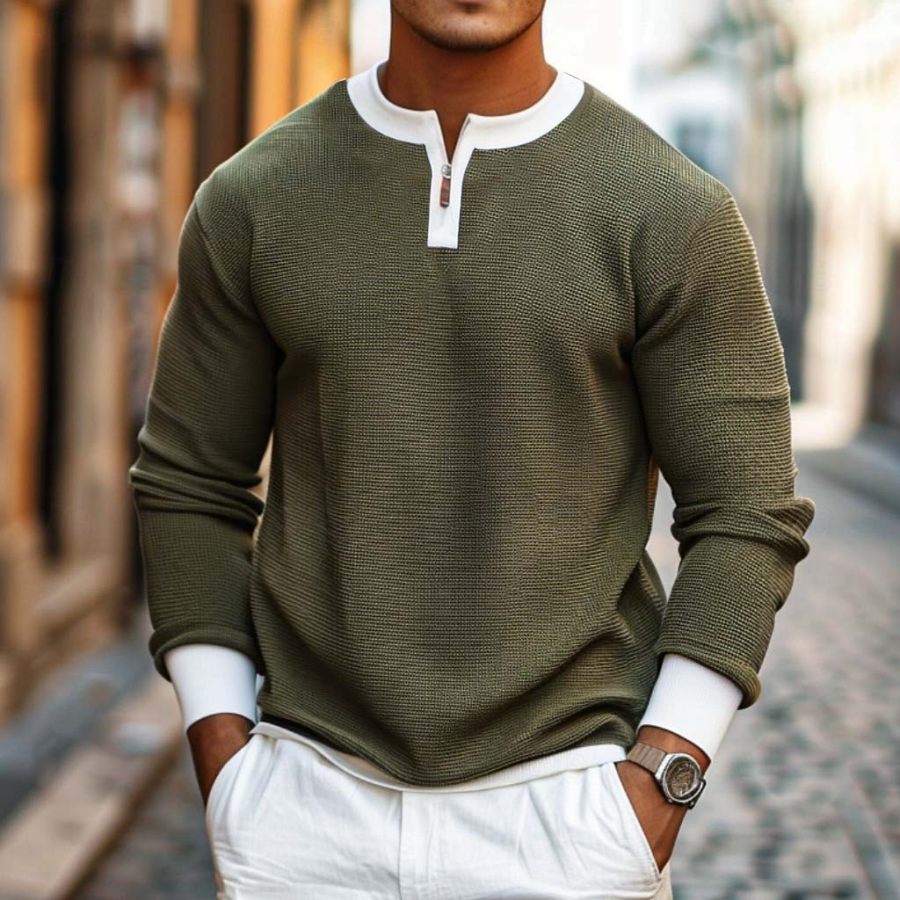 

Men's Vintage Waffle Knit Zip Henley Long Sleeve Sweatshirt